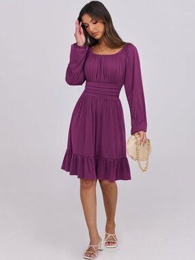 Women's Deep Purple Long Lantern Sleeve Ruffle Flowy Swing A-Line Short Dress